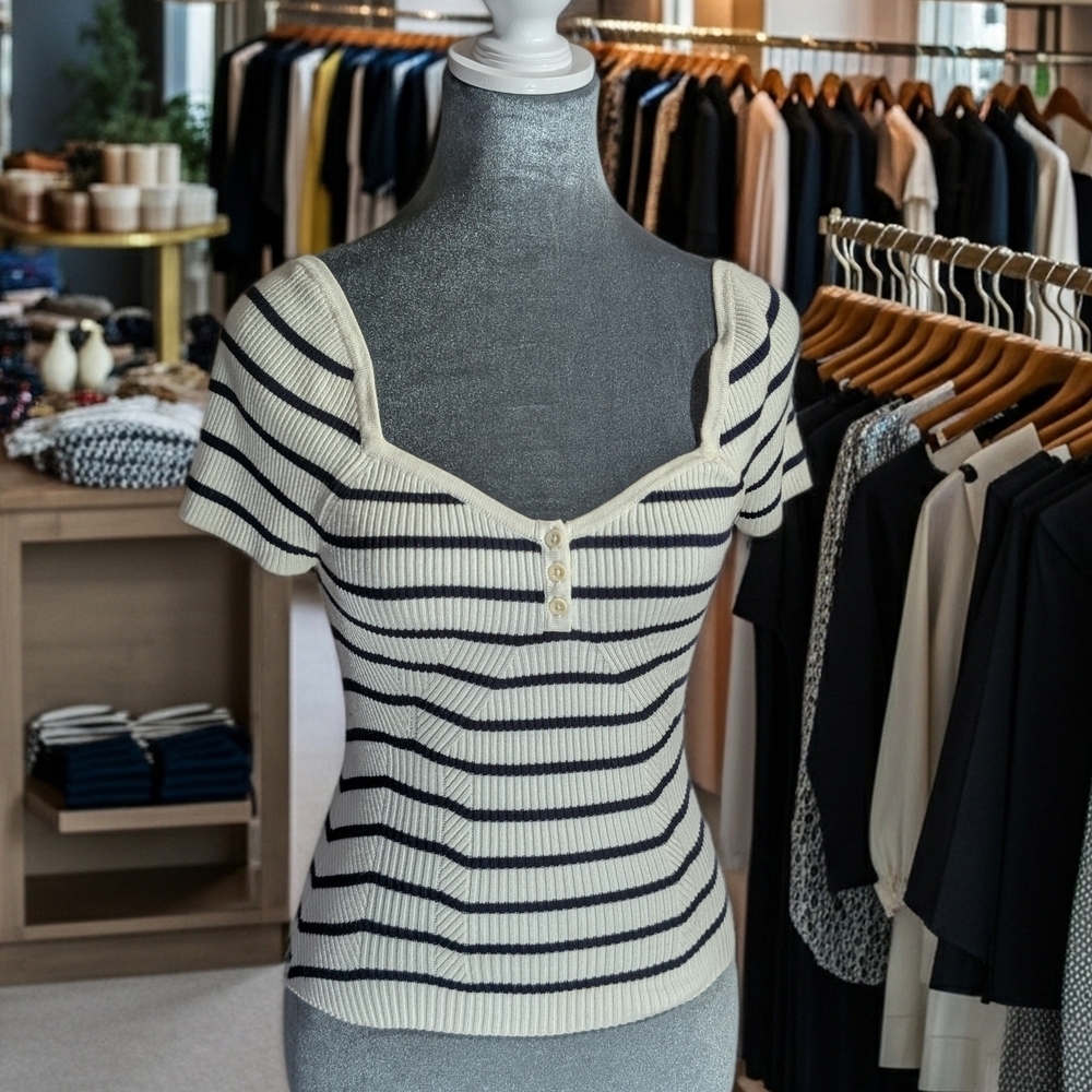 Maeve by Anthropologie Striped Sweetheart Neck Button Top XS White Navy